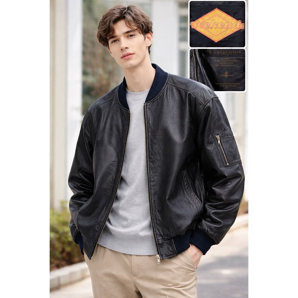 Vintage Black Leather Bomber Jacket Ribbed Trim Zip Up 90s Classic